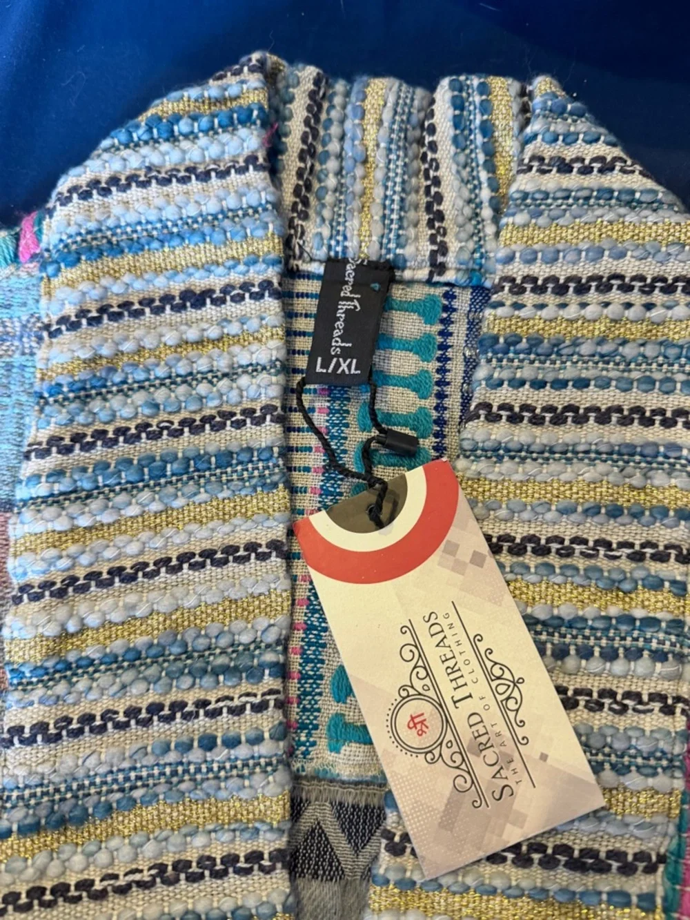 Sacred Threads Striped Boho Long Cardigan Coat in Blue & Pastels - Picture 8 of 8